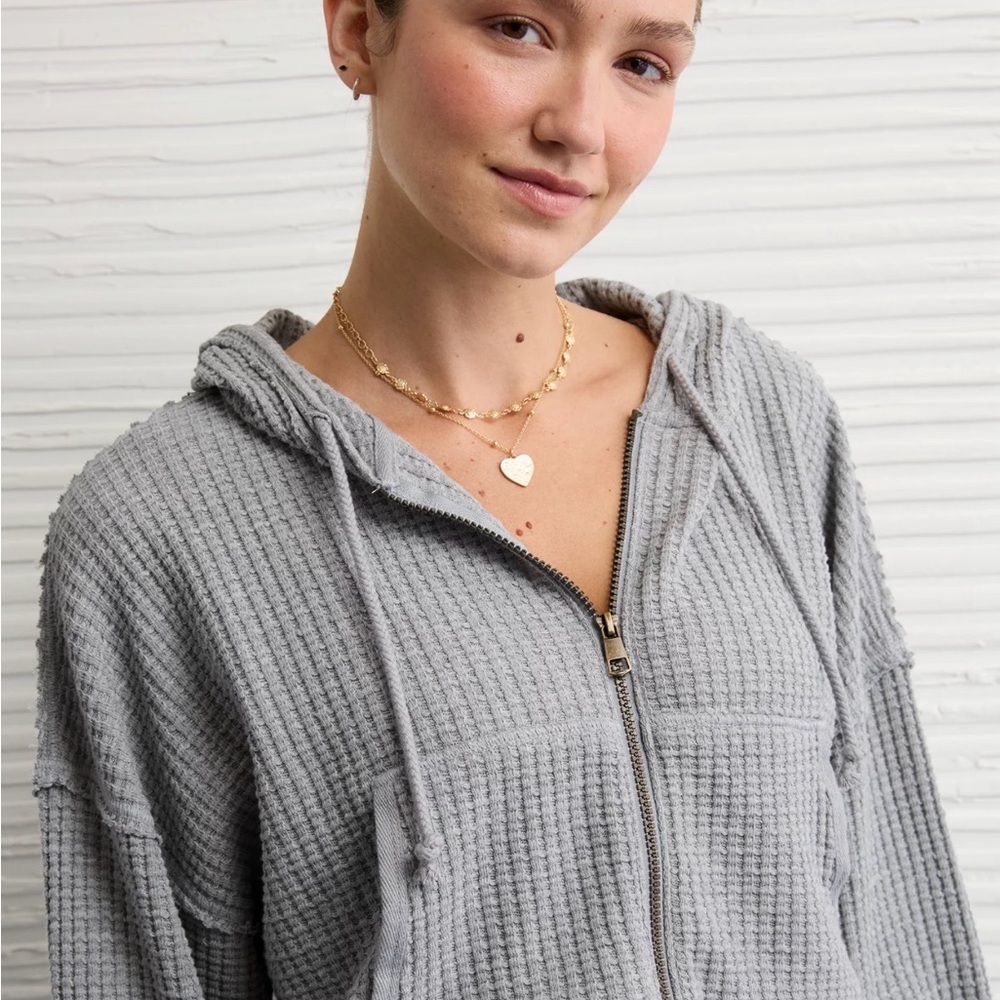 American Eagle Full Zip Cropped Waffle Hoodie